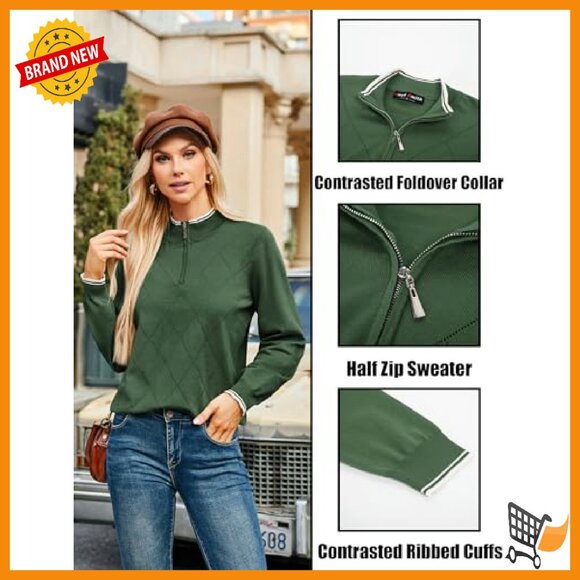 Long Sleeve Ribbed Knit Pullover Quarter Zip Collar Sweater Women's - Picture 3 of 8